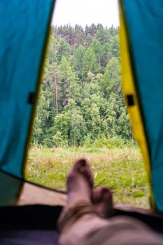 Camper relaxing inside tent, resting legs while gazing through mesh at verdant forest landscape, experiencing peaceful wilderness moment