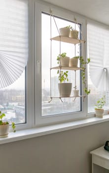 Decorative shelf with flower pots on it by the window