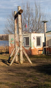 Temporary construction building with soviet symbols painted on it