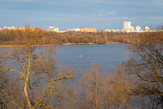 Shot of the modern city on the bank of the river