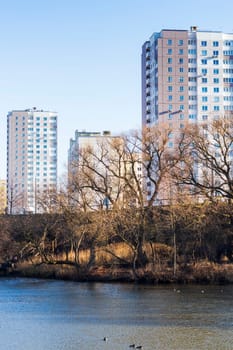Shot of the modern city on the bank of the river