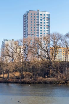 Shot of the modern city on the bank of the river