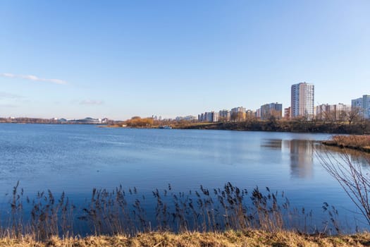 Shot of the modern city on the bank of the river