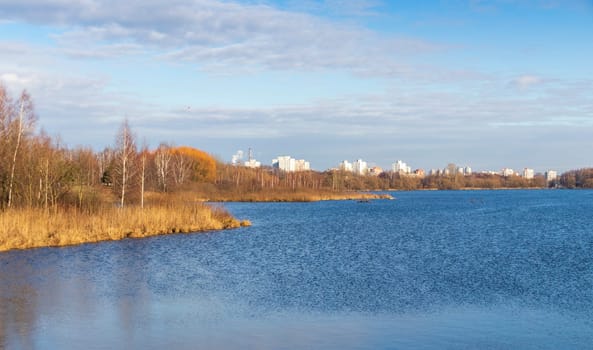 Shot of the modern city on the bank of the river