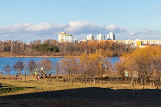 Shot of the modern city on the bank of the river
