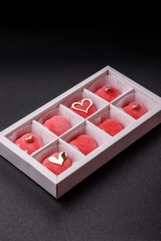 Delicious sweet mochi in the shape of red hearts for the holiday of Valentine's Day