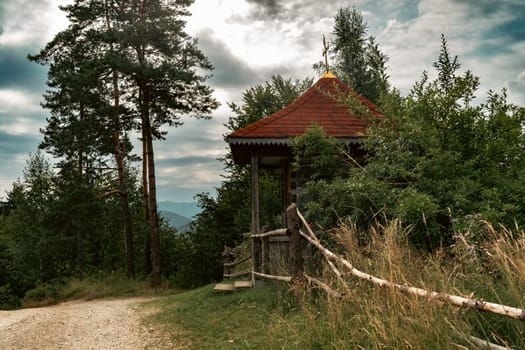 Nestled among the trees, this quaint gazebo provides shelter and a scenic lookout point for hikers. The forest trail leading to it is lined with tall pines, creating a feeling of solitude.
