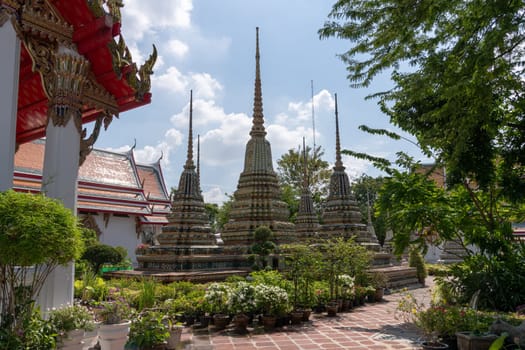 A stunning view of intricate and beautifully crafted pagodas set in a serene and tranquil temple garden