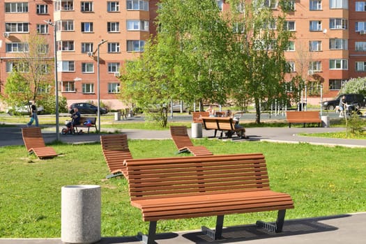 Moscow, Russia - 22 May. 2024. Rest area with the benches and sun loungers in Zelenograd