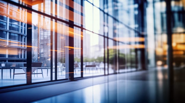 Sunlight streams through expansive windows in a contemporary office environment, highlighting sleek design and an urban view of outdoor seating areas - Generative AI