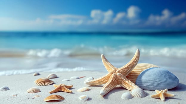 Relaxing beach scene featuring various seashells and starfish scattered on the sand near gentle ocean waves, captured during daylight hours - Summer holidays - Generative AI