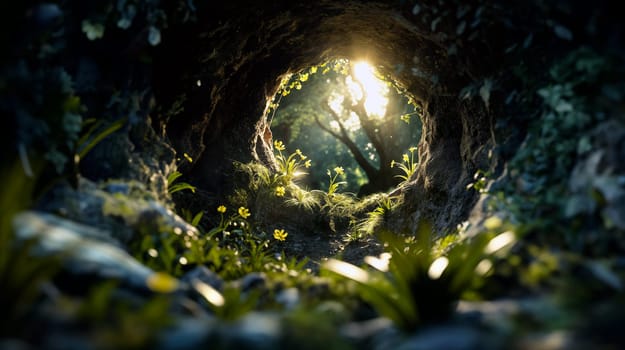 Sunlight filters through a natural tunnel in the forest, illuminating vibrant greenery and creating an enchanting atmosphere - Generative AI