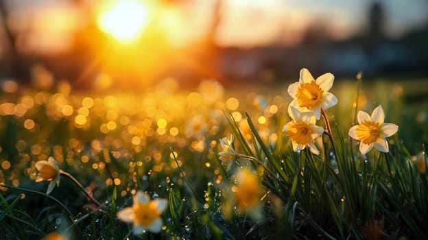Daffodils bask in the golden rays of the rising sun, surrounded by dew-kissed grass in an enchanting garden at dawn - Generative AI