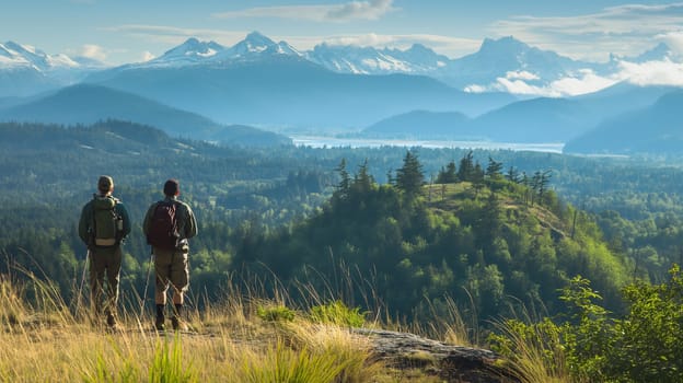 Two hikers stand on a ridge, enjoying a spectacular view of the mountains and lake in the morning light, surrounded by lush greenery - Generative AI