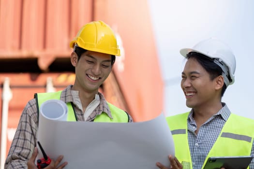 Two engineers review logistics plans showcasing teamwork in a construction site.