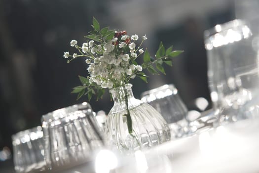 A delicate flower vase centers the dining table, reflecting warm sunlight.