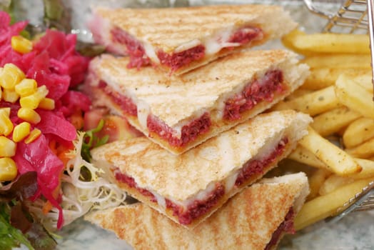A hearty grilled sandwich served with fries and a fresh salad.