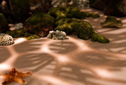 Sea Stones On Sand Beach, 3D illustration Background for advertising and wallpaper in nature and advertising scene. 3D rendering in decorative concept 