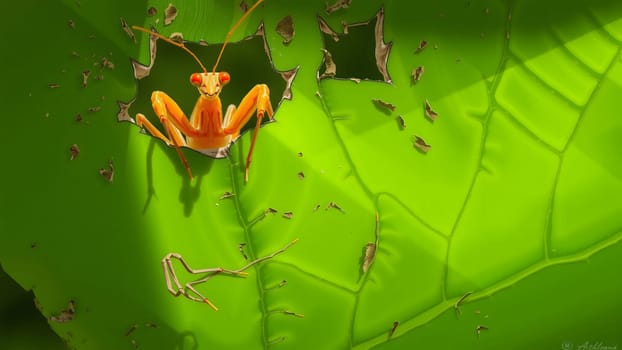 The Baby Praying Mantis hanging on leaf with nice green color