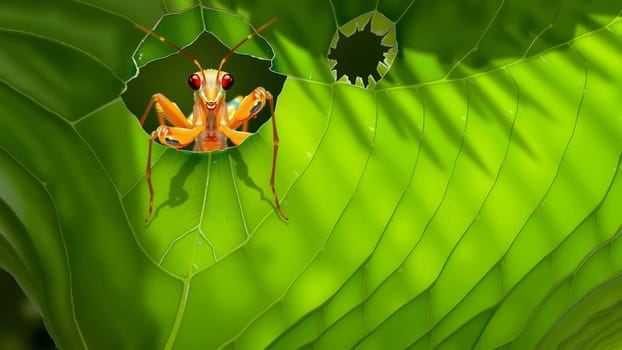 The Baby Praying Mantis hanging on leaf with nice green color