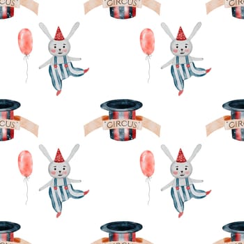 Circus watercolor pattern. Hand drawn cute animal on isolated white background. Clip art bunny and magician's hat. Perfect for textiles and attributes for baby shower and birthdays. High quality illustration