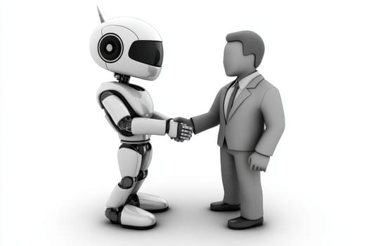 A sleek humanoid robot and a business professional shake hands, symbolizing collaboration and innovation in technology. This engaging image showcases a future where humans and robots interact seamlessly in professional settings.