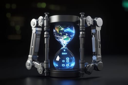 This captivating 3D rendered image features a cybernetic hourglass, showcasing a glowing Earth and flowing data elements, embodying the fusion of technology and time.