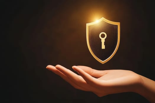 A futuristic hand reaches toward a glowing floating shield, symbolizing security and protection, combining technology and innovation in a sleek design.
