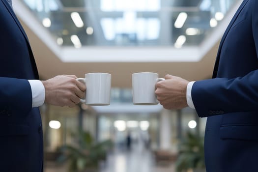 Two individuals in business attire engage in a friendly interaction while holding coffee cups in a modern office space, symbolizing collaboration and unity.
