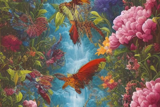 pink flowers waterfall nature spring art blue green illustration generated ai alt . High quality illustration
