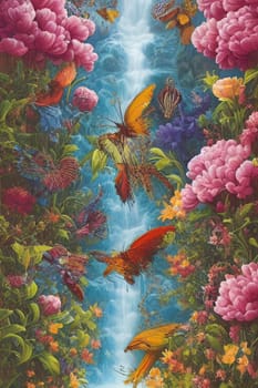 pink flowers waterfall nature spring art blue green illustration generated ai alt . High quality illustration