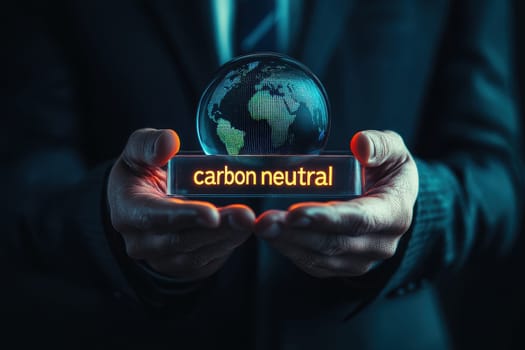 A business professional holds a holographic globe illustrating carbon neutrality. The image represents a commitment to sustainability and eco-friendly practices in corporate environments.