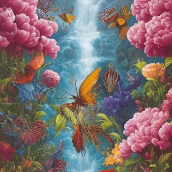 pink flowers waterfall nature spring art blue green illustration generated ai alt . High quality illustration