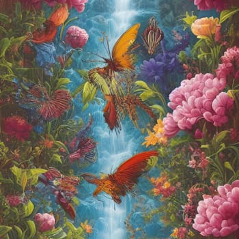 pink flowers waterfall nature spring art blue green illustration generated ai alt . High quality illustration