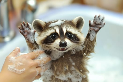 A cheerful raccoon playfully enjoying a bubbly bath in a small sink. Its paws are raised in joy, showcasing a heartwarming interaction with water and soap.