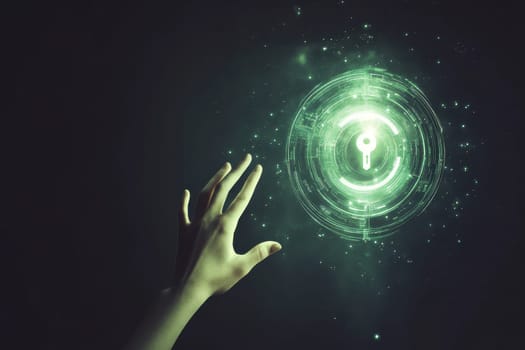 A high-tech hand reaches toward a glowing floating shield in a dark space. This image symbolizes innovation, digital interaction, and futuristic technology concepts.