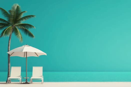 Experience a serene tropical beach scene with lush palm trees, sunbeds, and a relaxing umbrella against vibrant blue waters and a clear sky. Perfect for vacations.