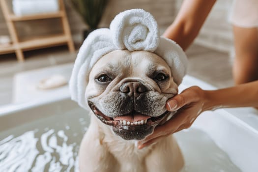 A cheerful French bulldog sits in a bathtub enjoying a bath. The dog is wearing a fluffy towel on its head, exuding happiness and relaxation in a cozy indoor setting.