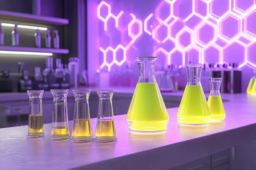 A modern laboratory scene featuring glowing glassware filled with vibrant liquids. The setup showcases futuristic biodegradable materials in a creatively lit environment.