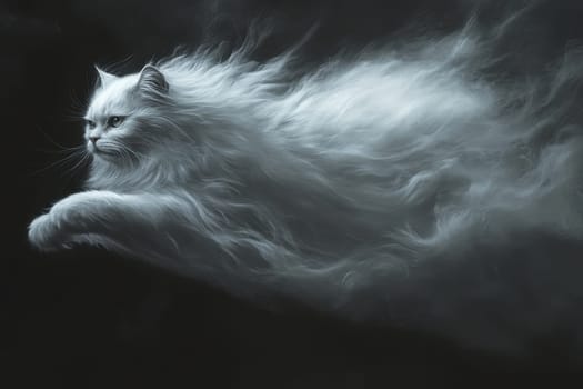 A stunning depiction of a spectral Persian cat leaping gracefully through an ethereal mist, showcasing the beauty and elegance of this majestic feline in motion.