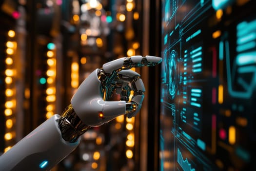 A sleek, glowing robotic hand reaches towards a digital financial document, showcasing advanced technology and innovation in the finance industry.