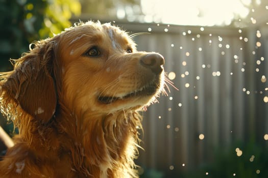 A joyful golden retriever with a fluffy coat enjoys the outdoors, illuminated by soft sunlight. The dog's happy expression brings warmth and cheer to the scene.
