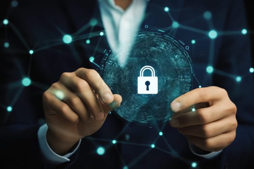 A businessman engaged in a futuristic interaction with a holographic cybersecurity interface, illustrating themes of security, data protection, and technology.