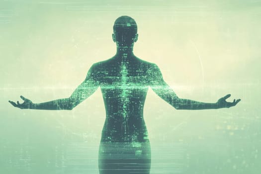 This digital visualization captures the essence of mental wellbeing trends, showcasing a human silhouette in harmony with technology, symbolizing growth and awareness.