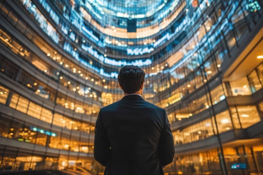 A modern government strategist stands in a high-rise building, contemplating innovative strategies in a dynamic urban environment. The sleek architecture and illumination reflect a blend of professionalism and forward-thinking.