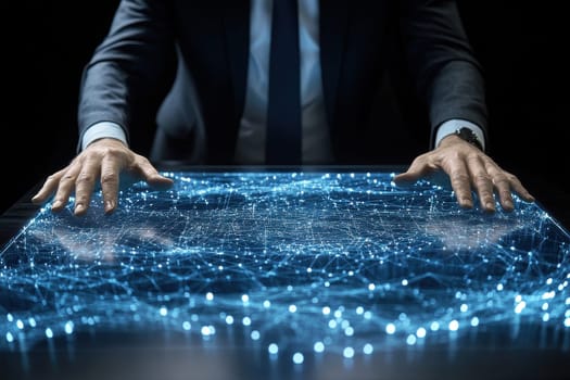A sophisticated scene depicting hands interacting with a glowing digital interface, symbolizing futuristic government analysis and high-tech data visualization.