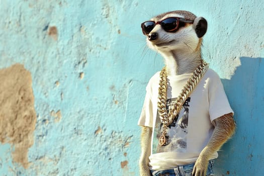 A cool meerkat wearing sunglasses and a gold chain leans against a vibrant blue wall, exuding a relaxed summer vibe in a playful graphic style.