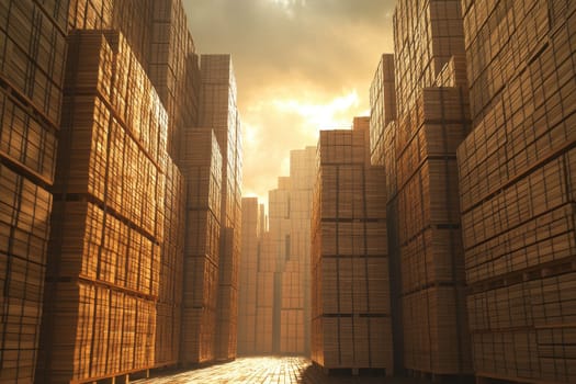 Explore a dramatic cityscape featuring towering structures made of stacked materials. This unique composition captures light and shadow, creating an atmospheric silhouette.