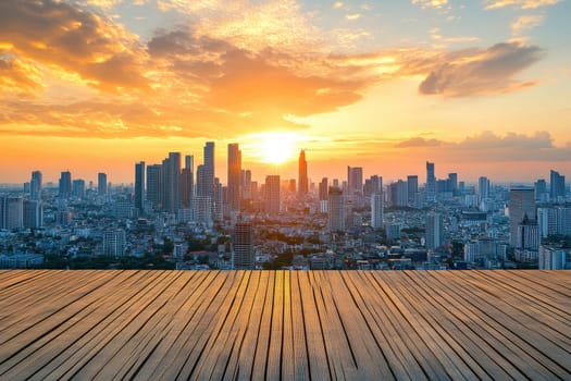 Experience a peaceful panoramic cityscape at sunrise, bathed in warm hues. The vibrant skyline is beautifully enhanced by golden light and fluffy clouds, creating a stunning scene.