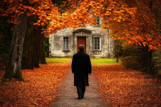 A solitary traveler walks down a picturesque path lined with vibrant autumn leaves. The quaint house in the background adds nostalgia to the serene landscape.